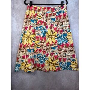 Vintage Choices 100% Linen Flared A-Line Midi‎ Skirt Size M Beige Floral Print